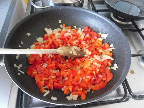 Baking the onion and red bell pepper