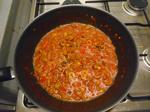 Tomato-Pasta-Sauce-with-Minced-Meat-Mushrooms-and-Olives-in-pan